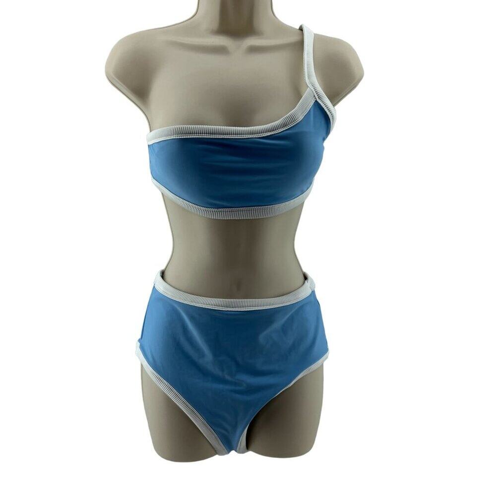 AERIE Blue & White One Shoulder Bandeau Bikini Set Size Small